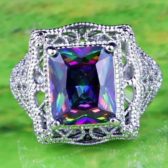 New Emerald Cut Mystic Topaz Silver Statement Ring. - Picture 4 of 16